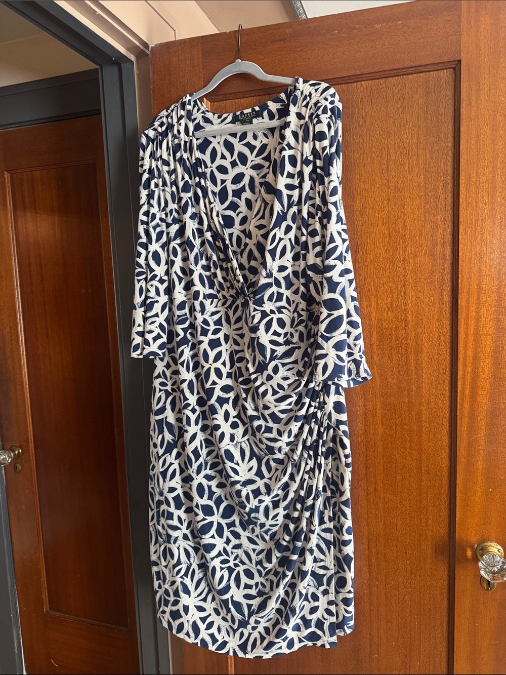 Ralph Lauren Navy & White Long-Sleeve Printed Wrap Dress